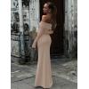 imageREORIA Women Off Shoulder Long Sleeve Dress Elegant Sexy Stretch Mesh Double Lined Slim Trendy Long DressesKhaki