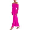imageREORIA Women Off Shoulder Long Sleeve Dress Elegant Sexy Stretch Mesh Double Lined Slim Trendy Long DressesNeon Rose Red