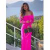 imageREORIA Women Off Shoulder Long Sleeve Dress Elegant Sexy Stretch Mesh Double Lined Slim Trendy Long DressesNeon Rose Red