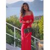 imageREORIA Women Off Shoulder Long Sleeve Dress Elegant Sexy Stretch Mesh Double Lined Slim Trendy Long DressesRed
