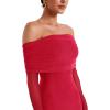 imageREORIA Women Off Shoulder Long Sleeve Dress Elegant Sexy Stretch Mesh Double Lined Slim Trendy Long DressesRed