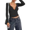 imageREORIA Women Sexy Long Sleeve Henley T Shirts V Neck Button up Casual Basic Y2K Slim Fitted Ribbed Knit Crop TopsBlack