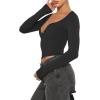imageREORIA Women Sexy Long Sleeve Henley T Shirts V Neck Button up Casual Basic Y2K Slim Fitted Ribbed Knit Crop TopsBlack