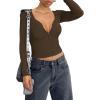 imageREORIA Women Sexy Long Sleeve Henley T Shirts V Neck Button up Casual Basic Y2K Slim Fitted Ribbed Knit Crop TopsCoffee
