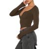 imageREORIA Women Sexy Long Sleeve Henley T Shirts V Neck Button up Casual Basic Y2K Slim Fitted Ribbed Knit Crop TopsCoffee