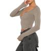 imageREORIA Women Sexy Long Sleeve Henley T Shirts V Neck Button up Casual Basic Y2K Slim Fitted Ribbed Knit Crop TopsGrey Brown