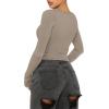 imageREORIA Women Sexy Long Sleeve Henley T Shirts V Neck Button up Casual Basic Y2K Slim Fitted Ribbed Knit Crop TopsGrey Brown