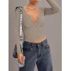 imageREORIA Women Sexy Long Sleeve Henley T Shirts V Neck Button up Casual Basic Y2K Slim Fitted Ribbed Knit Crop TopsGrey Brown