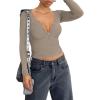 imageREORIA Women Sexy Long Sleeve Henley T Shirts V Neck Button up Casual Basic Y2K Slim Fitted Ribbed Knit Crop TopsGrey Brown