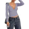 imageREORIA Women Sexy Long Sleeve Henley T Shirts V Neck Button up Casual Basic Y2K Slim Fitted Ribbed Knit Crop TopsLight Haze Blue