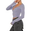 imageREORIA Women Sexy Long Sleeve Henley T Shirts V Neck Button up Casual Basic Y2K Slim Fitted Ribbed Knit Crop TopsLight Haze Blue