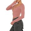 imageREORIA Women Sexy Long Sleeve Henley T Shirts V Neck Button up Casual Basic Y2K Slim Fitted Ribbed Knit Crop TopsPink