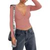 imageREORIA Women Sexy Long Sleeve Henley T Shirts V Neck Button up Casual Basic Y2K Slim Fitted Ribbed Knit Crop TopsPink