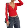 imageREORIA Women Sexy Long Sleeve Henley T Shirts V Neck Button up Casual Basic Y2K Slim Fitted Ribbed Knit Crop TopsRed