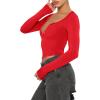 imageREORIA Women Sexy Long Sleeve Henley T Shirts V Neck Button up Casual Basic Y2K Slim Fitted Ribbed Knit Crop TopsRed
