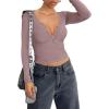 imageREORIA Women Sexy Long Sleeve Henley T Shirts V Neck Button up Casual Basic Y2K Slim Fitted Ribbed Knit Crop TopsTaro Purple