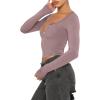 imageREORIA Women Sexy Long Sleeve Henley T Shirts V Neck Button up Casual Basic Y2K Slim Fitted Ribbed Knit Crop TopsTaro Purple