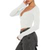 imageREORIA Women Sexy Long Sleeve Henley T Shirts V Neck Button up Casual Basic Y2K Slim Fitted Ribbed Knit Crop TopsWhite