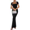 imageREORIA Womens Summer Square Neck Short Sleeve Long Dress Formal Wedding Guest Elegant Ribbed Bodycon Maxi DressesBlack