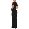imageREORIA Womens Summer Square Neck Short Sleeve Long Dress Formal Wedding Guest Elegant Ribbed Bodycon Maxi DressesBlack