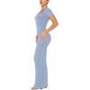 imageREORIA Womens Summer Square Neck Short Sleeve Long Dress Formal Wedding Guest Elegant Ribbed Bodycon Maxi DressesBlue