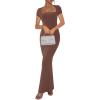 imageREORIA Womens Summer Square Neck Short Sleeve Long Dress Formal Wedding Guest Elegant Ribbed Bodycon Maxi DressesCoffee