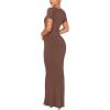 imageREORIA Womens Summer Square Neck Short Sleeve Long Dress Formal Wedding Guest Elegant Ribbed Bodycon Maxi DressesCoffee