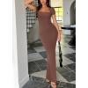 imageREORIA Womens Summer Square Neck Short Sleeve Long Dress Formal Wedding Guest Elegant Ribbed Bodycon Maxi DressesCoffee