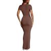 imageREORIA Womens Summer Square Neck Short Sleeve Long Dress Formal Wedding Guest Elegant Ribbed Bodycon Maxi DressesCoffee