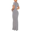 imageREORIA Womens Summer Square Neck Short Sleeve Long Dress Formal Wedding Guest Elegant Ribbed Bodycon Maxi DressesHeather Grey