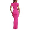 imageREORIA Womens Summer Square Neck Short Sleeve Long Dress Formal Wedding Guest Elegant Ribbed Bodycon Maxi DressesRose Red