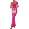 imageREORIA Womens Summer Square Neck Short Sleeve Long Dress Formal Wedding Guest Elegant Ribbed Bodycon Maxi DressesRose Red