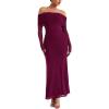 imageREORIA Women Off Shoulder Long Sleeve Dress Elegant Sexy Stretch Mesh Double Lined Slim Trendy Long DressesBurgundy