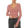 imageREORIA Women Sexy Long Sleeve Henley T Shirts V Neck Button up Casual Basic Y2K Slim Fitted Ribbed Knit Crop TopsPink