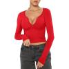 imageREORIA Women Sexy Long Sleeve Henley T Shirts V Neck Button up Casual Basic Y2K Slim Fitted Ribbed Knit Crop TopsRed