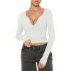 imageREORIA Women Sexy Long Sleeve Henley T Shirts V Neck Button up Casual Basic Y2K Slim Fitted Ribbed Knit Crop TopsWhite