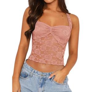 imageREORIA Lace Tops for Women Halter Sexy Going Out Tank Crop Y2K Fashion Top 2025 TrendyBaby Pink