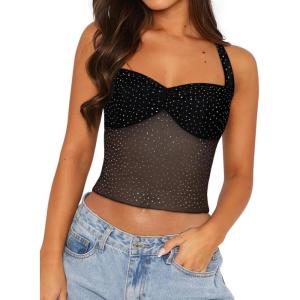 imageREORIA Lace Tops for Women Halter Sexy Going Out Tank Crop Y2K Fashion Top 2025 TrendyBlack Crystal