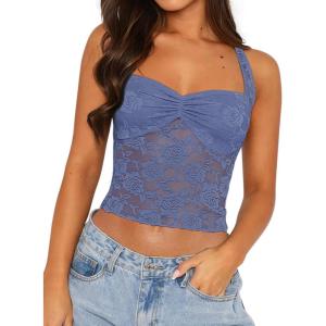 imageREORIA Lace Tops for Women Halter Sexy Going Out Tank Crop Y2K Fashion Top 2025 TrendyBlue Nova