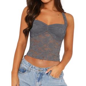 imageREORIA Lace Tops for Women Halter Sexy Going Out Tank Crop Y2K Fashion Top 2025 TrendyDeep Grey