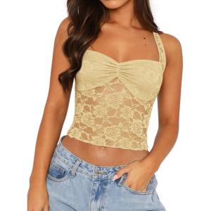 imageREORIA Lace Tops for Women Halter Sexy Going Out Tank Crop Y2K Fashion Top 2025 TrendyHoneybee Yellow