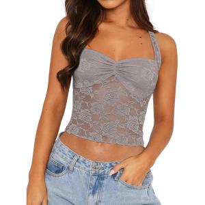 imageREORIA Lace Tops for Women Halter Sexy Going Out Tank Crop Y2K Fashion Top 2025 TrendyLight Grey