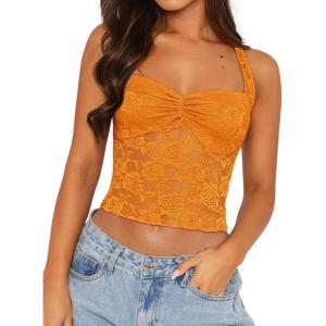 imageREORIA Lace Tops for Women Halter Sexy Going Out Tank Crop Y2K Fashion Top 2025 TrendyLight Orange