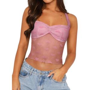 imageREORIA Lace Tops for Women Halter Sexy Going Out Tank Crop Y2K Fashion Top 2025 TrendyPink Heart