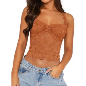 imageREORIA Lace Tops for Women Halter Sexy Going Out Tank Crop Y2K Fashion Top 2025 TrendyTan