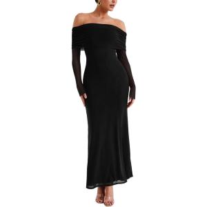 imageREORIA Women Off Shoulder Long Sleeve Dress Elegant Sexy Stretch Mesh Double Lined Slim Trendy Long DressesBlack