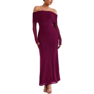 imageREORIA Women Off Shoulder Long Sleeve Dress Elegant Sexy Stretch Mesh Double Lined Slim Trendy Long DressesBurgundy