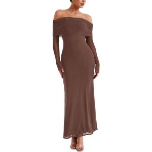 imageREORIA Women Off Shoulder Long Sleeve Dress Elegant Sexy Stretch Mesh Double Lined Slim Trendy Long DressesCoffee