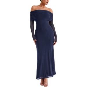 imageREORIA Women Off Shoulder Long Sleeve Dress Elegant Sexy Stretch Mesh Double Lined Slim Trendy Long DressesDeep Blue