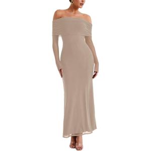 imageREORIA Women Off Shoulder Long Sleeve Dress Elegant Sexy Stretch Mesh Double Lined Slim Trendy Long DressesKhaki